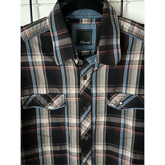 7 Diamonds Button Front Black Pearl Snap LS Western Plaid Shirt Mens Large - Picture 2 of 12